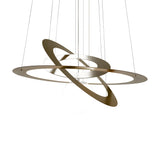 The Universe LED Suspension Light - Bronze features three thin metallic rings with a stylish bronze finish, intersecting at unique angles and suspended by fine wires, creating an orbit-inspired, abstract planetary design with a central spherical bulb.