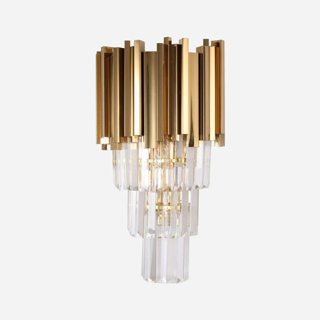 Experience luxury with the Royal 2 Light Wall Light in Gold, featuring multiple tiered gold-finished metal rods adorned with clear crystal accents, inspired by Art Deco design. This piece creates an elegant and modern visual appeal.