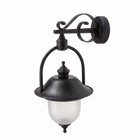 Volute Cast Aluminium Outdoor Hanging Wall Lantern in black, scrolled wall bracket with hammered dome shade and frosted glass globe, shown against a plain white background.