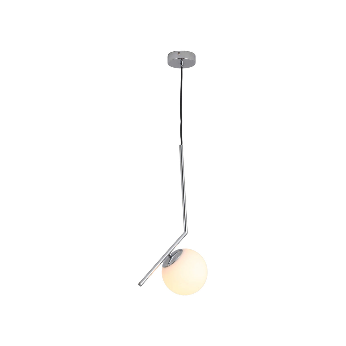 A modernist lighting piece, the Vetra Opal Glass Small Pendant Light - Grey features a chrome fixture, angled metal rod, and single frosted globe suspended from a black cord and circular ceiling mount.