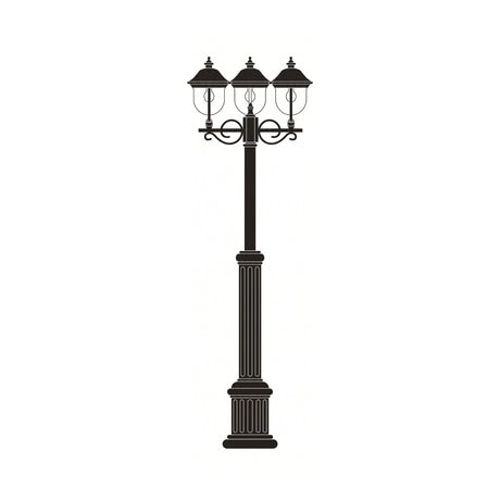 Volute outdoor lamp post in black with 3 lantern heads and copper-effect roofs, fluted column base, scrolled brackets, on a plain white background.