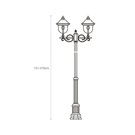 Line drawing of the Volute traditional 2-light outdoor lamp post, 151-216cm fluted column with scrolled brackets and dome-topped lanterns, shown on a plain white background.