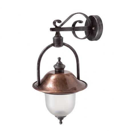 Volute Copper Top Outdoor Hanging Wall Lantern with scrolled black bracket, copper dome shade and frosted glass body, shown on a plain white background.