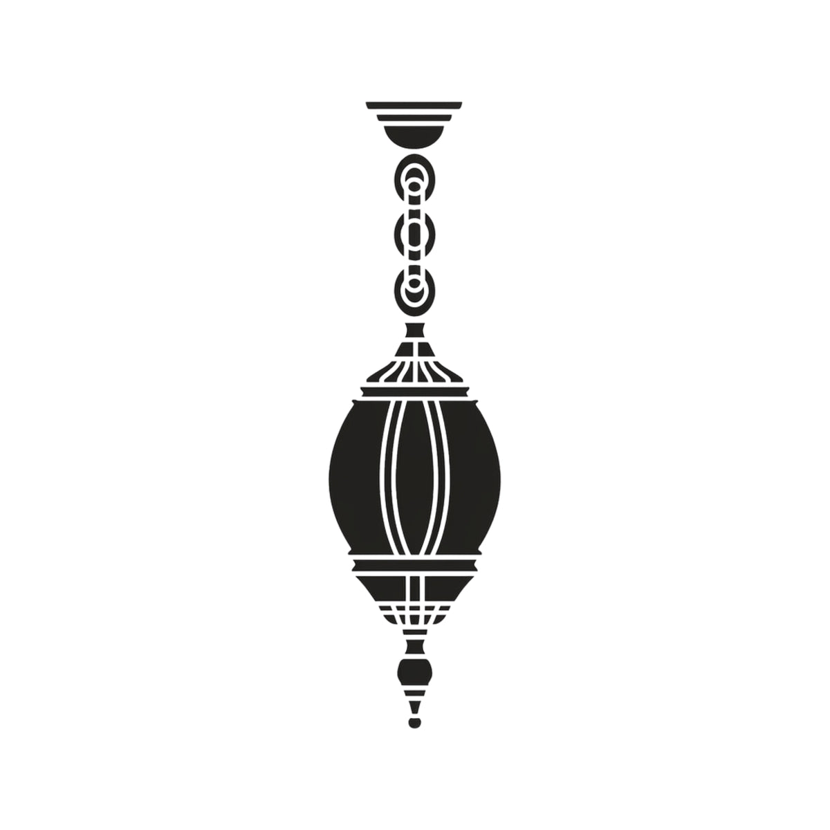 Mullion Cast Aluminium Outdoor Pendant Light in black, an oval lantern with vertical ribbed detailing, hung from a decorative chain and ceiling rose, shown on a plain white background.