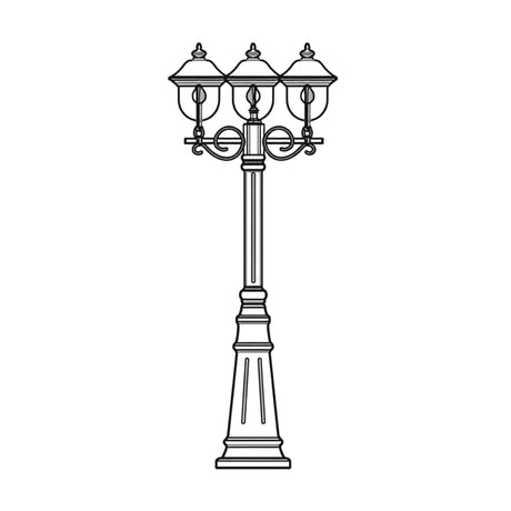 Volute cast aluminium outdoor lamp post, 256cm column with 3 scrolled-arm lanterns and cast plinth base, shown in black line drawing on a white background.