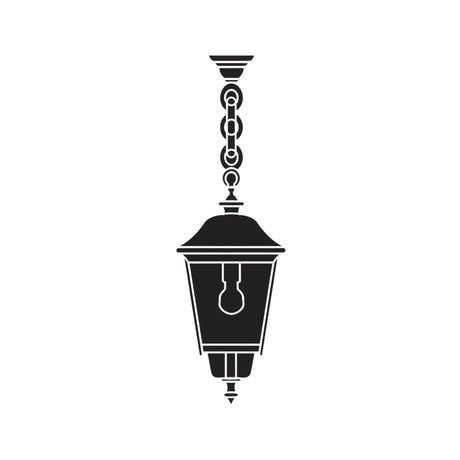 Casement cast aluminium outdoor pendant lantern in black, hexagonal glazed shade with domed roof, hung from a chain with ceiling mount, on a plain white background.