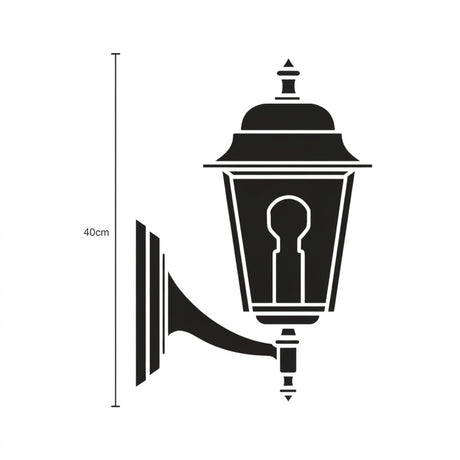 Black cast aluminium outdoor wall lantern, 40cm, tapered head with domed roof on a scrolled bracket, silhouette icon on white background with height measurement.