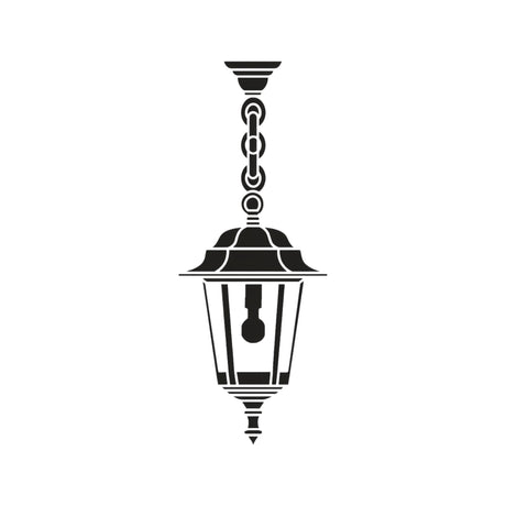 Dentil Cast Aluminium Outdoor Pendant Light in black, a chain-hung lantern with a tiered scalloped roof and six-panelled glass sides, shown on a plain white background.