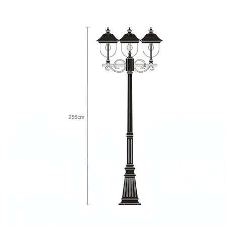 Volute 3-light outdoor lamp post, 256cm black column with scrolled brackets, three domed lanterns and cast plinth base, shown on a plain white background.