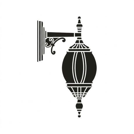 Mullion outdoor hanging wall lantern silhouette in black, cast aluminium wall bracket with scrollwork support and tiered lantern shade, shown on a plain white background.