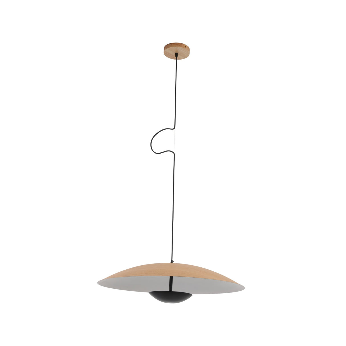 The Ginger LED Small Pendant Light - Black & Brown features a wooden ceiling mount, black cord, and a wide two-toned shade in natural wood and white with a sleek black centerpiece.