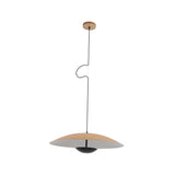 The Ginger LED Small Pendant Light - Black & Brown features a wooden ceiling mount, black cord, and a wide two-toned shade in natural wood and white with a sleek black centerpiece.