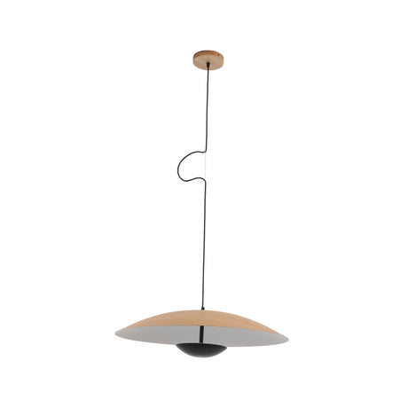 The Ginger LED Small Pendant Light - Black & Oak features a circular wooden canopy, black cord, and a sleek dome-shaped shade—ideal for anyone seeking modern minimalist pendant lighting suspended from the ceiling.