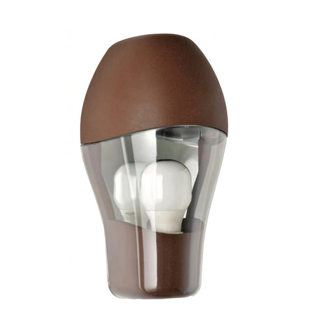 Ovolo Cast Aluminium Outdoor Half Lantern Wall Light with rust-finish dome top and smoke-tone polycarbonate body showing two E27 bulbs, on a plain white background.