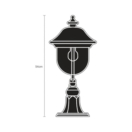 Line illustration of the Volute Copper Top Outdoor Bollard Light, 54cm, showing a scrolled bracket, lantern head and cast pedestal base in black, on a white background with height dimension marked.