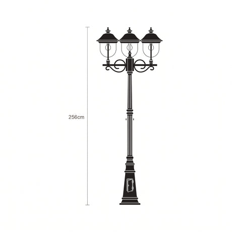 Volute 3-light outdoor lamp post, 256cm cast aluminium column in black with copper-top lantern roofs, scrolled brackets and plinth access door, shown on a white background.