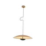 The Ginger LED Small Pendant Light - Black & Brown features a wide, flat wooden shade suspended by a curved black cord, casting a warm, soft glow beneath its modern and elegant design.