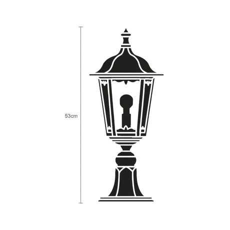 Astragal Copper Top Outdoor Bollard Light, 53cm lantern-style fixture with glazed glass panels in a cast aluminium frame on a pedestal base, shown as a black silhouette on white.