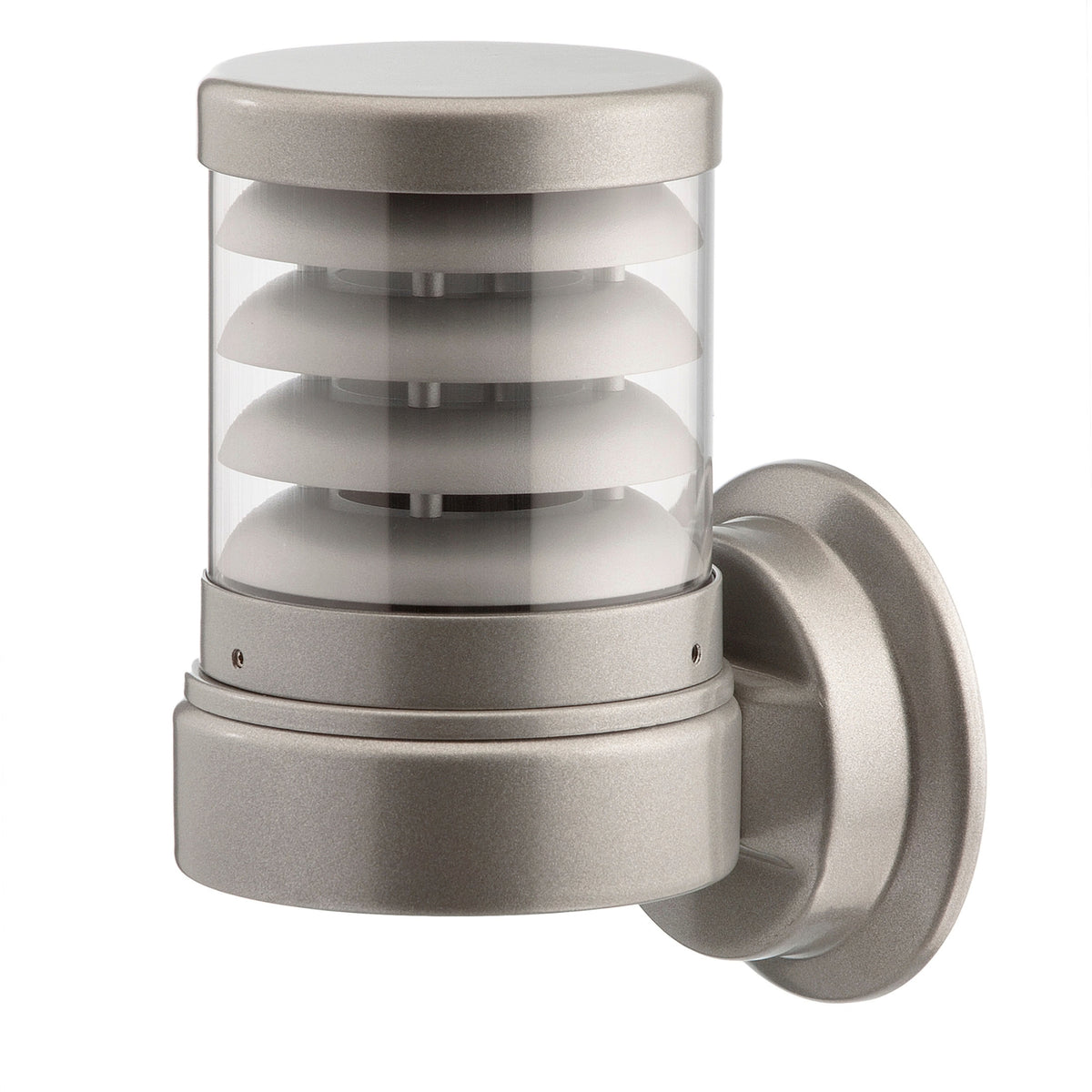 Reveal Louvred Cast Aluminium Outdoor Wall Light in grey, cylindrical with stacked louvred fins, clear polycarbonate lens, wall bracket mount, shown on a plain white background.