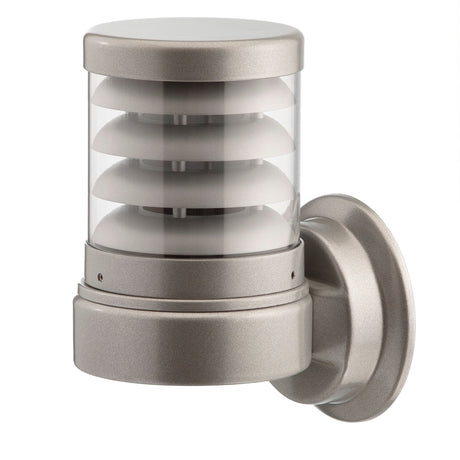 Reveal Louvred Cast Aluminium Outdoor Wall Light in grey, cylindrical with stacked louvred fins, clear polycarbonate lens, wall bracket mount, shown on a plain white background.