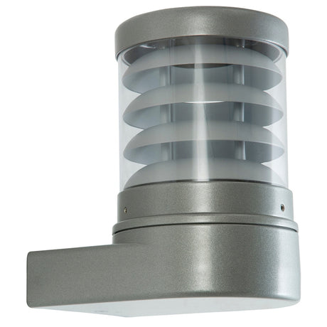Reveal Louvred Cast Aluminium Outdoor Wall Lantern in graphite grey, cylindrical louvred fin design with clear polycarbonate lens, mounted on a cast wall bracket against a plain white background.
