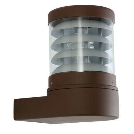 Reveal Louvred Cast Aluminium Outdoor Wall Lantern in rust-brown finish with cylindrical louvred fins, clear polycarbonate lens and cast wall mounting bracket, shown on a plain white background.