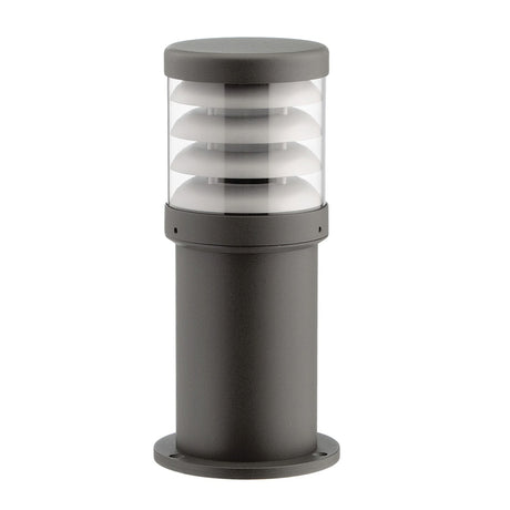 Reveal Louvred Cast Aluminium Outdoor Bollard Light in graphite finish, 35cm, with a flat-topped head, louvred fins, and clear polycarbonate lens, on a plain white background.