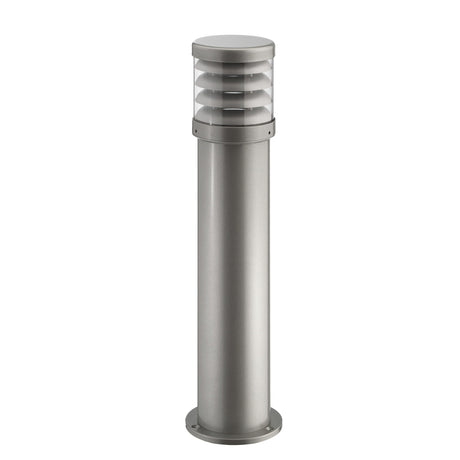 Reveal Louvred Cast Aluminium Outdoor Bollard Light, 92cm, grey finish with louvred fins and clear polycarbonate lens on a round pedestal base, plain white background.
