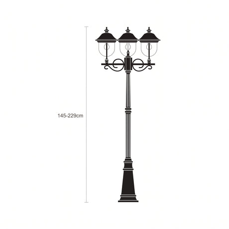 Volute outdoor lamp post in black with copper-top lanterns, adjustable 145-229cm column with 3 traditional scrolled-bracket lights, shown on a plain white background.