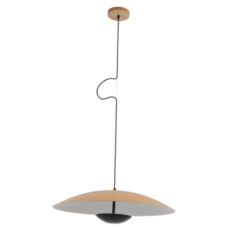 The Ginger LED Large Pendant Light - Black & Oak features a round, flat oak shade and black fixture with a minimalist design. A black cord suspends it from the matching oak ceiling mount, offering modern pendant lighting.