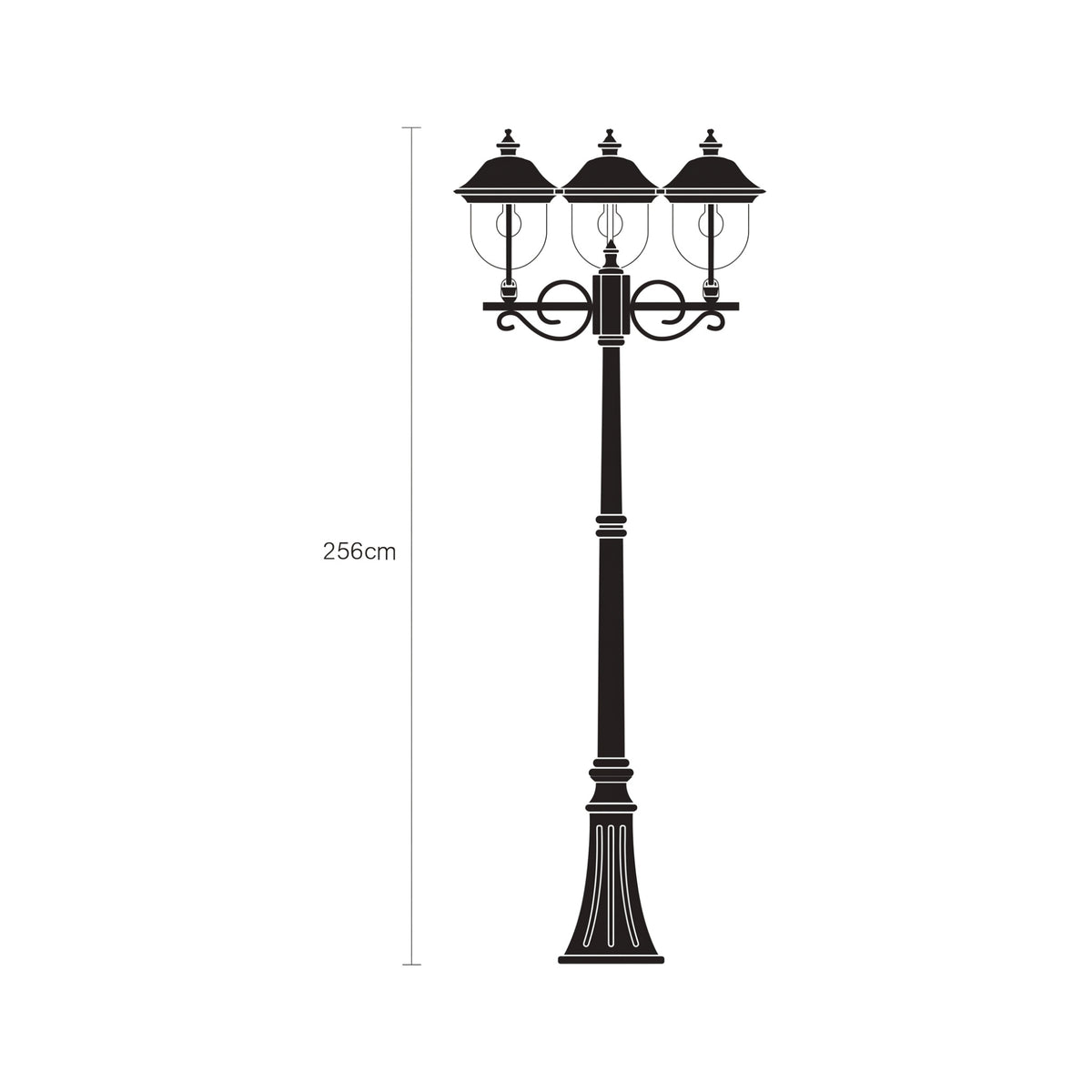 Volute 256cm outdoor lamp post in black with copper-top lanterns, featuring 3 scrolled-bracket lights on a tall cast column with flange plate base, shown on a plain white background.