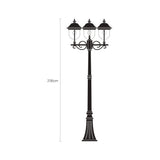 Volute 256cm outdoor lamp post in black with copper-top lanterns, featuring 3 scrolled-bracket lights on a tall cast column with flange plate base, shown on a plain white background.