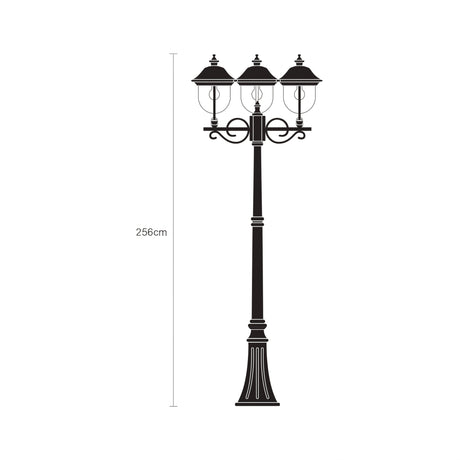 Volute 256cm outdoor lamp post in black with copper-top lanterns, featuring 3 scrolled-bracket lights on a tall cast column with flange plate base, shown on a plain white background.