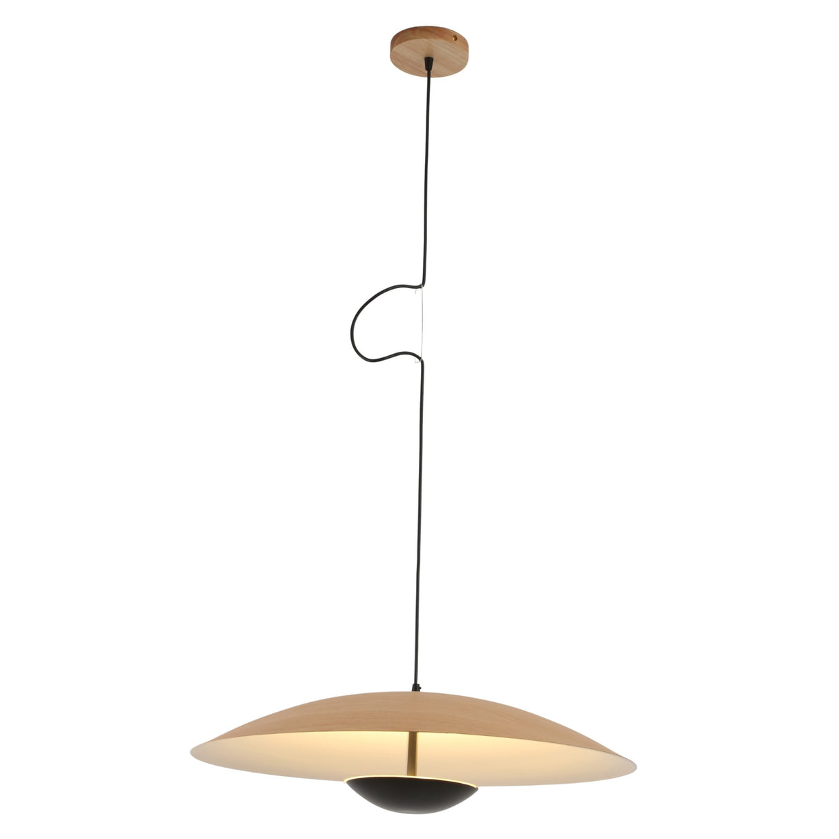 The Ginger LED Large Pendant Light in black and brown features a wide, disc-shaped shade, wooden ceiling mount, and long black cord—offering warm illumination and a modern, minimalist style ideal for kitchen islands.