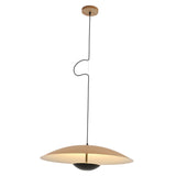 The Ginger LED Large Pendant Light in black and brown features a wide, disc-shaped shade, wooden ceiling mount, and long black cord—offering warm illumination and a modern, minimalist style ideal for kitchen islands.