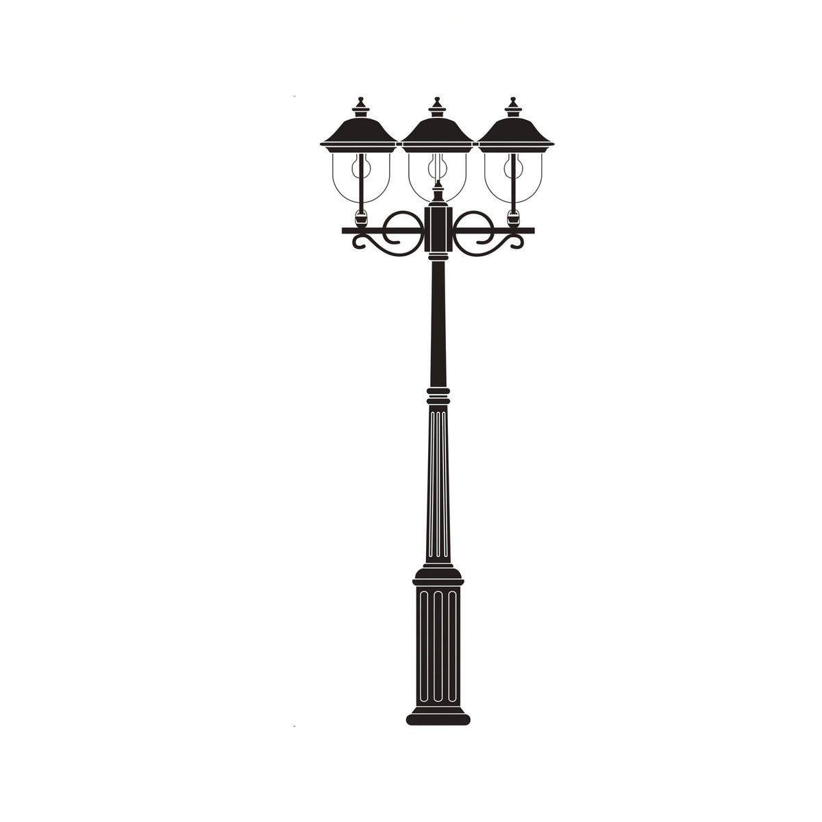 Volute cast aluminium outdoor lamp post in black with 3 lantern heads and scrolled brackets on a tall fluted column, shown on a plain white background.