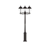 Volute cast aluminium outdoor lamp post in black with 3 lantern heads and scrolled brackets on a tall fluted column, shown on a plain white background.
