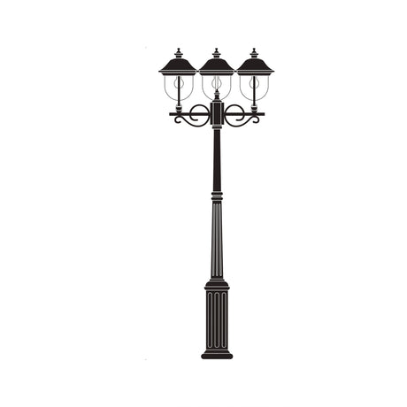 Volute cast aluminium outdoor lamp post in black with 3 lantern heads and scrolled brackets on a tall fluted column, shown on a plain white background.