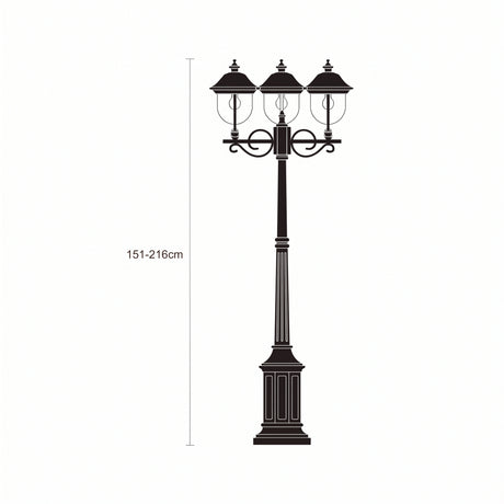 Volute cast aluminium outdoor lamp post in black, 151-216cm adjustable column with 3 domed lantern heads and scrolled brackets, shown on a plain white background.