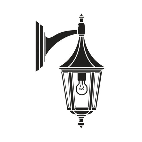 Spire cast aluminium hanging wall lantern in black with hexagonal glass panels, wall bracket, E27 bulb fitting, and pointed finials, shown on a plain white background.