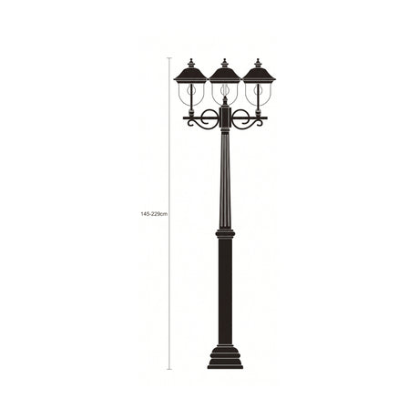 Volute cast aluminium outdoor lamp post in black, 145-229cm fluted column with scrolled brackets holding 3 lantern heads with clear polycarbonate lenses, shown on a plain white background.