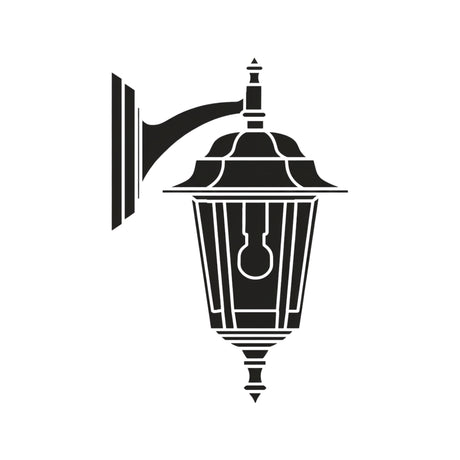 Black cast aluminium outdoor wall lantern with a single light, two-tiered scalloped roof, and vertically barred glass panes, shown as a silhouette on a white background.