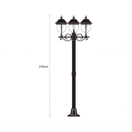 Volute cast aluminium outdoor lamp post, 216cm, with 3 domed lanterns on scrolled brackets, black finish, ribbed flange plate base, shown on a plain white background.