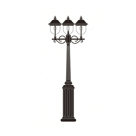 Volute 3-light outdoor lamp post in black with copper-top lantern roofs, fluted column base and scrolled brackets, shown on a plain white background.