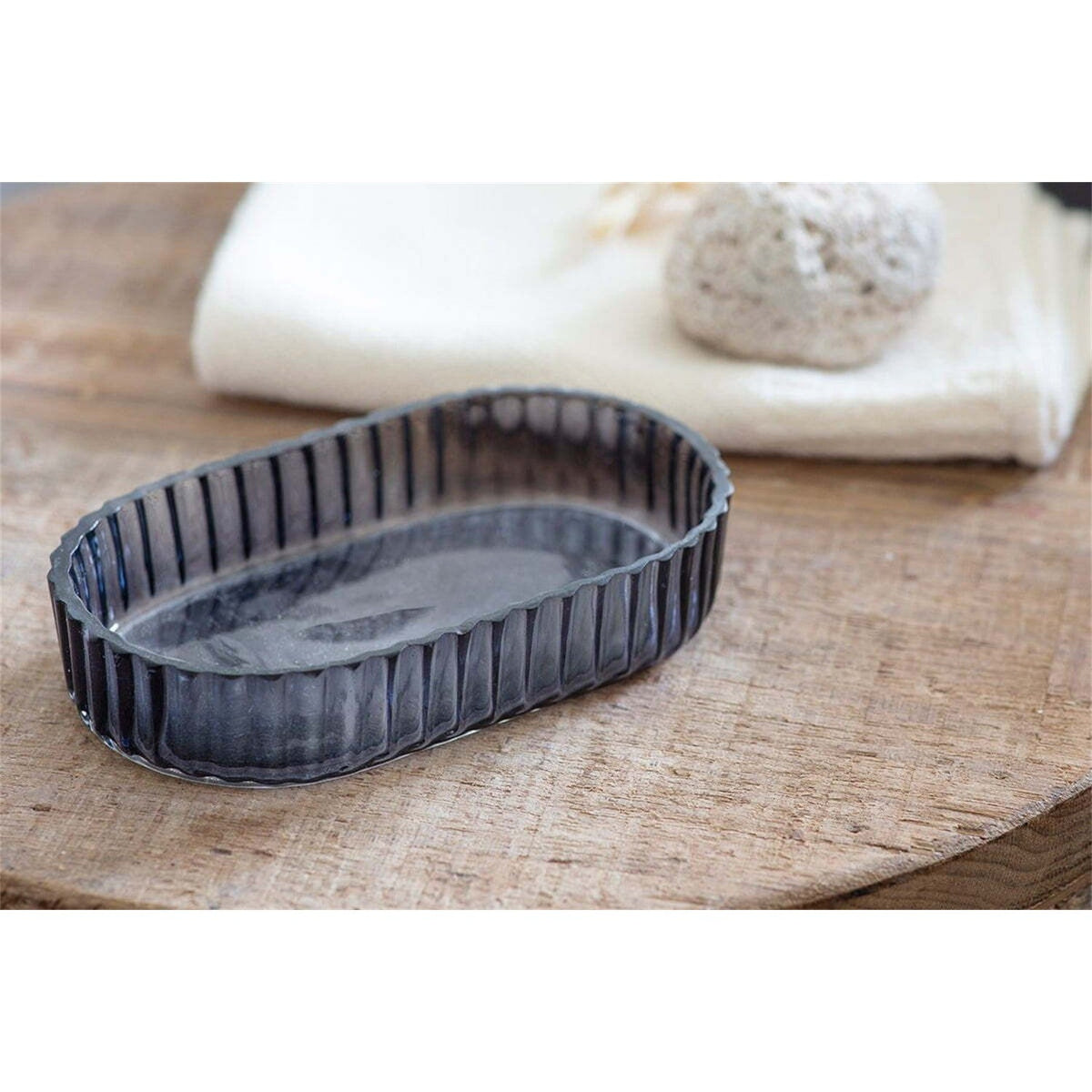 Valeska Ribbed Recycled Glass Soap Dish - Grey Smoke