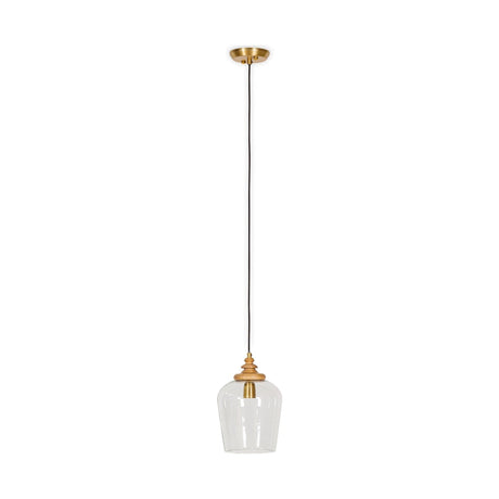 Varuna pendant light with a clear glass bell shade on a turned mango wood collar, brass ceiling rose and black flex, shown against a plain white background.