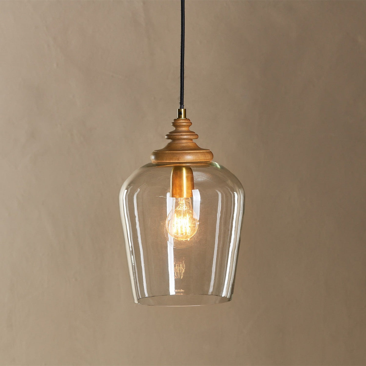 Varuna Mango Wood & Glass Pendant Light - Natural & Clear