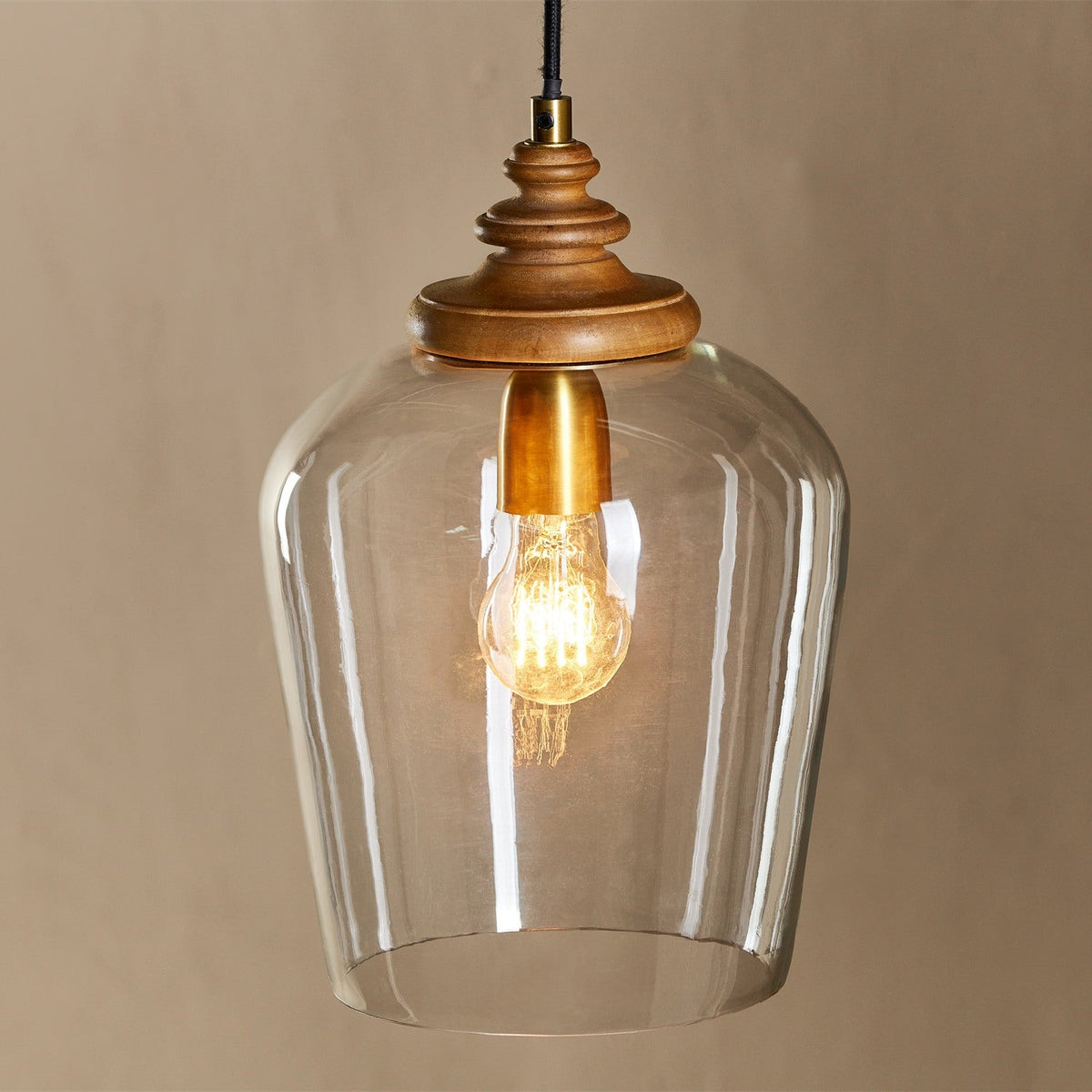 Varuna Mango Wood & Glass Pendant Light - Natural & Clear