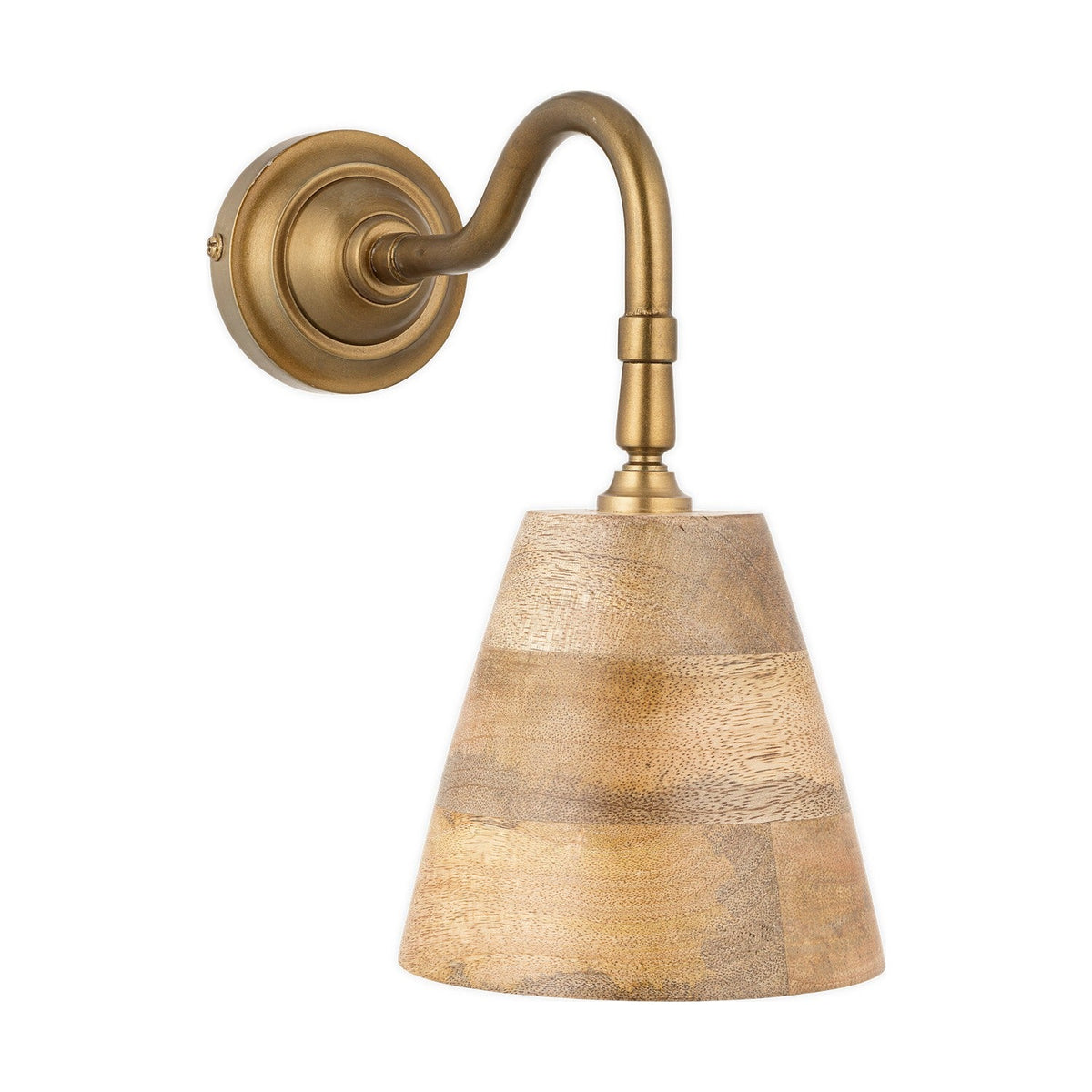 Vattu Mango Wood Plug In Wall Light in Natural, with an antique brass wall plate and swan neck arm holding a cone-shaped mango wood shade with horizontal grain bands, shown on a white background.
