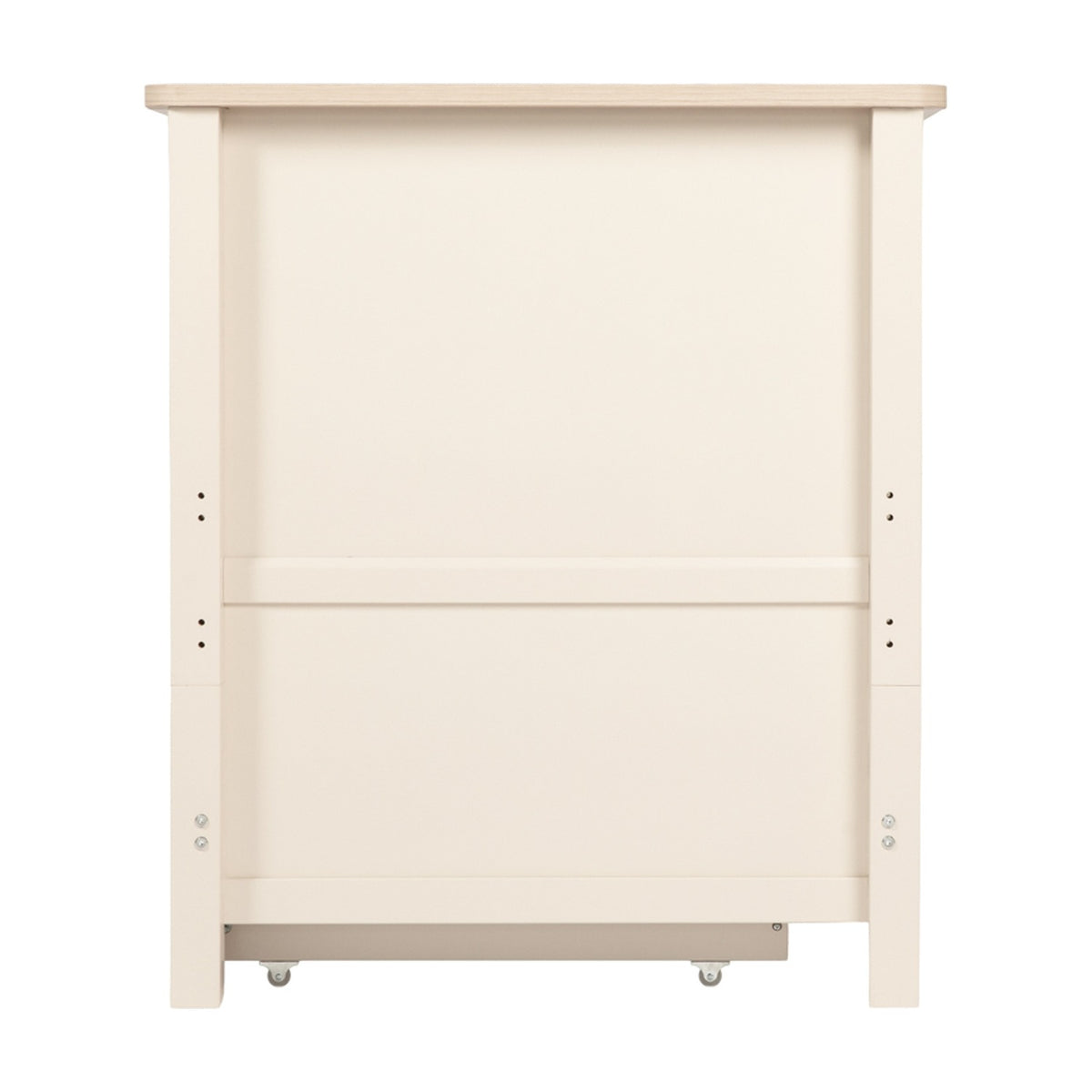 Rear view of the Wanderer Convertible Cot Bed with Drawer in Cashmere, showing solid MDF panel back, cream frame, oak-effect top rail, and castors on the base drawer against a plain white background.